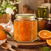 BioSeal 520g Honigglas hexagonal mit Orangenmarmelade auf Holzbrett umgeben von frischen Orangen und Küchendeko