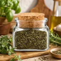 Quadratisches Gewürzglas 120ml mit Korkdeckel gefüllt mit getrockneten Mediterranen Kräutern