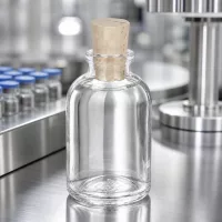 Leere Glasflasche mit breitem Korkverschluss auf glänzender Edelstahlarbeitsplatte im Reinraum