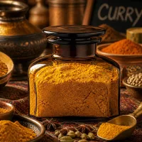 Dekoratives Braunglas Gewürzglas 150 ml Vierkant mit Curry auf buntem Teppich