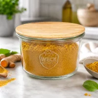 WECK Sturzglas 80ml RR60 mit Bambusdeckel gefüllt mit Kurkuma Gewürz in moderner Küche mit frischen Wurzeln