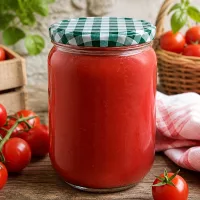 Großes Rundglas 555ml mit Tomatensoße befüllt und luftdicht verschlossenem grün-weißem Schraubdeckel
