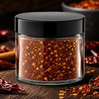 Kompakter 30ml Tiegel aus Klarglas mit Chilipulver und Kernen neben Trockenchilis