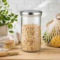 350ml Sturzglas mit BasicSeal Deckel silber gefüllt mit Haferflocken auf Holzbrett mit Küchenzubehör Müsliglas