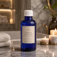 Kompakte 50ml Aromaöl-Flasche aus blauem Schutzglas mit weißem Standardverschluss im Spa-Bereich