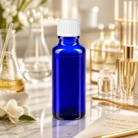 UV-schützende blaue Glasflasche 30ml mit weißem Schraubverschluss auf Marmoroberfläche