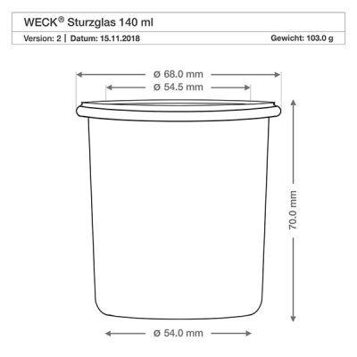 Technische Zeichnung WECK Sturzglas 140ml RR60 mit Maßangaben und Spezifikationen für Holzkugel-Deckel aus Buche