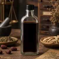 Transparente Meplat Flasche 100ml mit schwarzem Kunststoffdeckel zwischen Naturheilmitteln und Kräutern