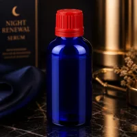 Kosmetik Glasflasche 50ml blau rot für Seren SV 11mm OV BlueLine UT18/50