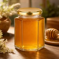 250g Honigglas hexagonal BasicSeal goldener Deckel mit Honig gefüllt neben Honiglöffel auf Holztisch Naturprodukt