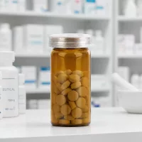 Durchsichtiges Braunglas 5ml gefüllt mit zylindrischen Tabletten neben Mörser und Pharmaflaschen