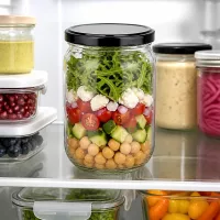 555ml Rundglas BasicSeal schwarz für Salataufbewahrung mit Kichererbsen Gurken Tomaten