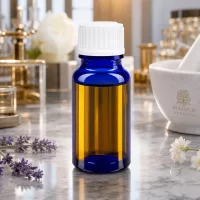 10ml blaue Apothekerflasche weißer Verschluss auf Marmor mit Jasminblüten und Lavendel