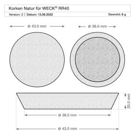 Technische Zeichnung WECK Korken RR40 mit Maßangaben 38mm 43mm Durchmesser 20mm Höhe Naturkork Verschluss