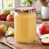Klares 555ml Einweckglas BasicSeal Blüte mit gelbem Fruchtmus und Holzlöffel daneben