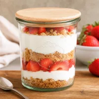 WECK Glas 160ml RR60 mit Bambusdeckel gefüllt mit Erdbeer-Dessert Schichtdessert im Einmachglas Küchentisch