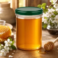 350ml Sturzglas UNiTWIST grün mit Honig befüllt neben Honiglöffel Waben und Blüten auf rustikalem Holztisch