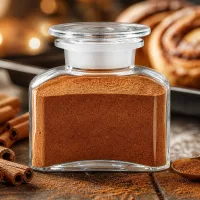 Apothekerflasche 150ml mit Zimtpulver umgeben von Zimtstangen als stilvolle Gewürzaufbewahrung