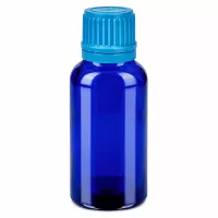 Kompakte 30ml Flasche in tiefblau mit praktischem Schraubverschluss für unterwegs