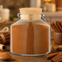 Idee Gewürzglas Round 100ml Korkenstopfen gefüllt mit Zimt auf Holzuntergrund