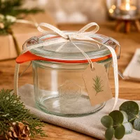 80ml WECK Sturzglas RR60 als Geschenkverpackung mit Schleifenband und Anhänger in gemütlicher Weihnachtsdeko