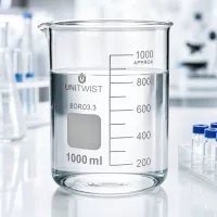 UNiTWIST Becherglas 1000ml Borosilikat niedrige Form neben Mikrotiterplatten im Reinlabor