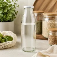 500ml Glasflasche leer mit weißem BioSeal Deckel in nachhaltiger Küche zwischen Vorratsgläsern und Bio-Gemüse