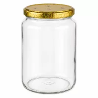Leeres 1000g Honigglas aus Glas mit goldenem Bienenwaben-Deckel und Bienen-Motiv für Honig Imkerei Vorratsglas