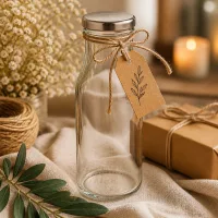 Zylindrische 150ml Glasflasche UNiTWIST Silberdeckel mit Naturgarn dekoriert neben Kerze