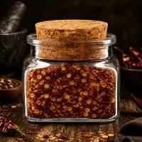 Quadratisches Glasgefäß 120ml mit Naturkorkverschluss gefüllt mit Chiliflocken Produktfoto