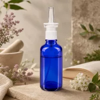 Apotheken-Nasenspray-Behälter 50ml aus blauem Borosilikatglas mit weißem Dosierspender