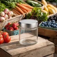 135ml Rundglas mit silbernem Deckel auf Holzbrett umgeben von frischem Gemüse Obst Marktstand-Atmosphäre natürliche Aufb