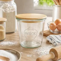 WECK Sturzglas 580ml leer mit Holzdeckel in Küche auf Mehl bestäubtem Holztisch zwischen Backzubehör und Eiern