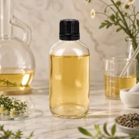Kleine zylindrische 100ml Apothekerflasche aus Klarglas mit schwarzem Verschluss im Laborumfeld