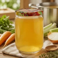 555ml Vorratsglas UNiTWIST BasicSeal Obstdekor Deckel mit Brühe neben Suppentopf und Holzlöffel