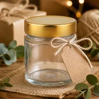 Transparentes Rundglas 135ml Golddeckel auf Jute-Untersetzer mit Eukalyptus-Deko