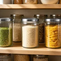 Befüllte UNiTWIST Rundgläser im Vorratsschrank mit Getreide Hülsenfrüchten und Pasta
