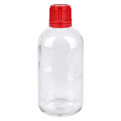 Durchsichtige 100ml Flasche mit engem 11mm Hals und rotem Schraubverschluss OV