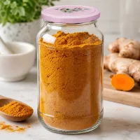 1062ml Rundglas mit rosa Herzdeckel BasicSeal gefüllt mit Kurkumapulver neben Ingwer als Gewürzvorratsglas