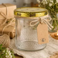 400ml Honigglas dekorativ mit Bastschnur und Anhänger, goldener Bienenmuster-Deckel, rustikale Geschenkverpackung