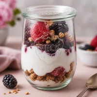 WECK Tulpenglas 1062ml mit Joghurt Beeren Müsli Schichtdessert gefüllt RR100 Glasdeckel Frühstück Parfait rosa Hintergru