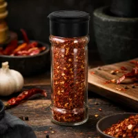 Transparentes Streuglas 100ml neben Mörser und Chilischoten auf dunklem Holztisch