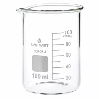 UNiTWIST Laborglas 100ml niedriger Becher aus Borosilikat 3.3 mit Beschriftungsfeld