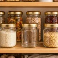 53ml Rundglas UNiTWIST mit goldenem Deckel in organisierter Vorratskammer zwischen gefüllten Gläsern mit Gewürzen