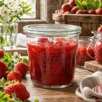 WECK Einmachglas 580ml mit Erdbeermarmelade gefüllt in rustikaler Küche mit frischen Erdbeeren und Blumen