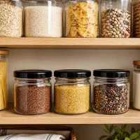 Kompakte 33ml Rundgläser mit schwarzem Deckel perfekt für Gewürze und kleine Zutaten