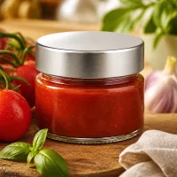 Kleines Glasgefäß 80ml silberner Metalldeckel mit selbstgemachter Tomatensauce als Geschenkidee