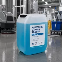 Industriestärke Reinigungsmittel 10 Liter Kanister mit Pumpe neben Wischmopp und Reinigungswagen