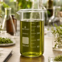 Transparentes Laborglas 400ml hohe Form mit grünem Extrakt neben frischen Heilkräutern und Notebook