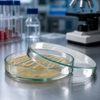 Mikrobiologische Untersuchung in Glaspetrischale 80x15mm auf Stahltisch im Forschungslabor